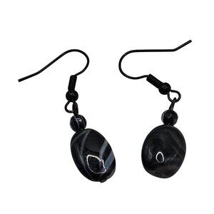 Women's Beaded Marbled Black/Gray Agate Stone Dangle Drop Hook Back Earrings